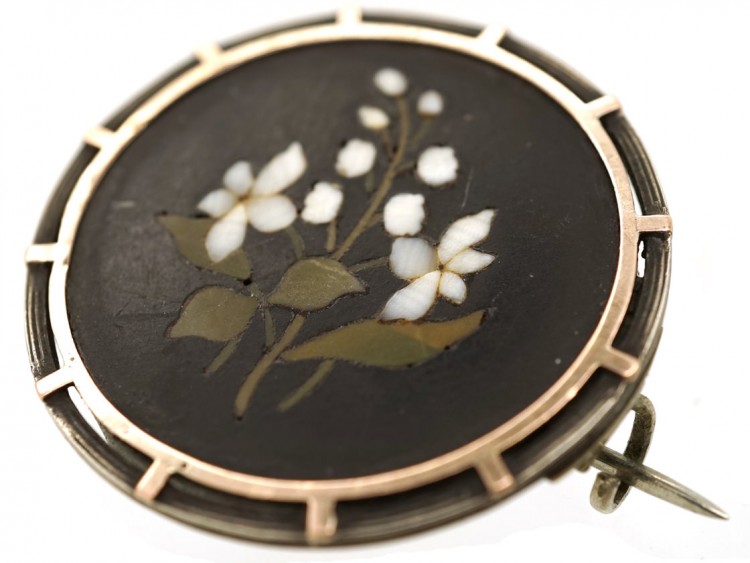 Victorian Pietra Dura Silver ​& Gold Round Brooch