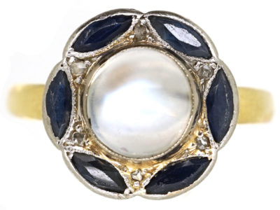 Art Deco 14ct Gold, Sapphire, Rose Diamond & Moonstone Ring