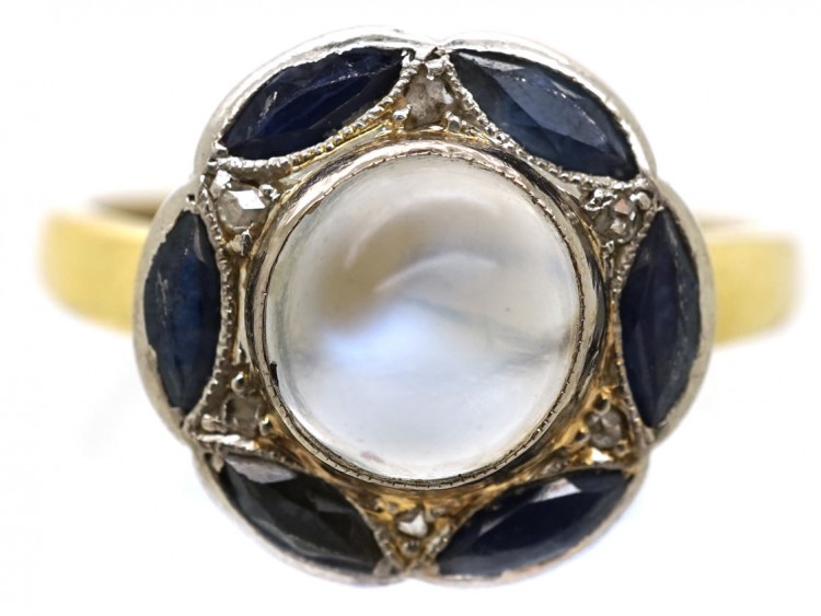 Art Deco 14ct Gold, Sapphire, Rose Diamond & Moonstone Ring