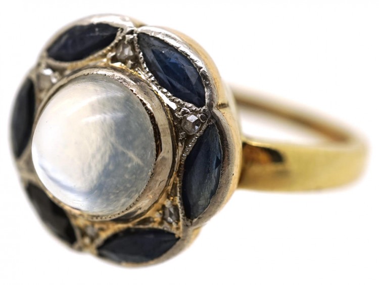 Art Deco 14ct Gold, Sapphire, Rose Diamond & Moonstone Ring