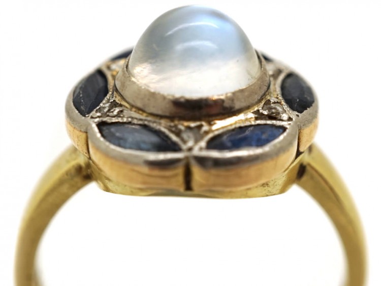 Art Deco 14ct Gold, Sapphire, Rose Diamond & Moonstone Ring