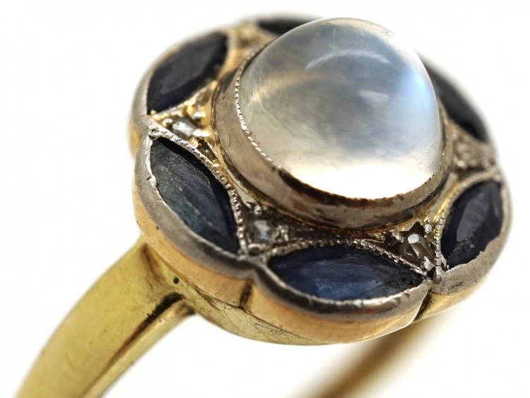 Art Deco 14ct Gold, Sapphire, Rose Diamond & Moonstone Ring