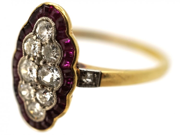 Art Deco 18ct Gold, Platinum, Ruby ​& Diamond Scallop Design Ring