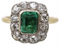18ct Gold ​& Platinum, Columbian Emerald ​& Diamond Rectangular Ring