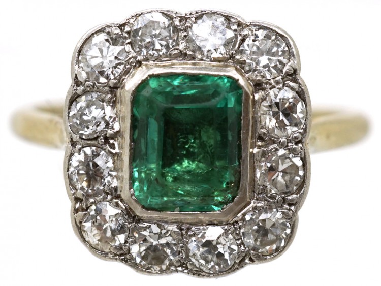 18ct Gold ​& Platinum, Columbian Emerald ​& Diamond Rectangular Ring