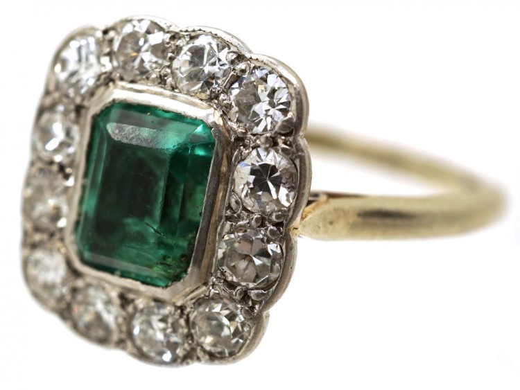 18ct Gold ​& Platinum, Columbian Emerald ​& Diamond Rectangular Ring