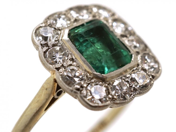 18ct Gold ​& Platinum, Columbian Emerald ​& Diamond Rectangular Ring