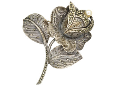 Theodor Fahrner Silver ​& Marcasite Rose Brooch