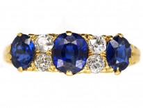 Victorian 18ct Carved Half Hoop Sapphire ​& Diamond Three Stone Ring