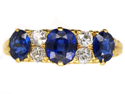Victorian 18ct Carved Half Hoop Sapphire ​& Diamond Three Stone Ring