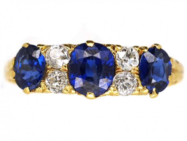 Victorian 18ct Carved Half Hoop Sapphire ​& Diamond Three Stone Ring