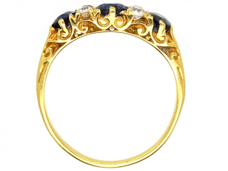 Victorian 18ct Carved Half Hoop Sapphire ​& Diamond Three Stone Ring