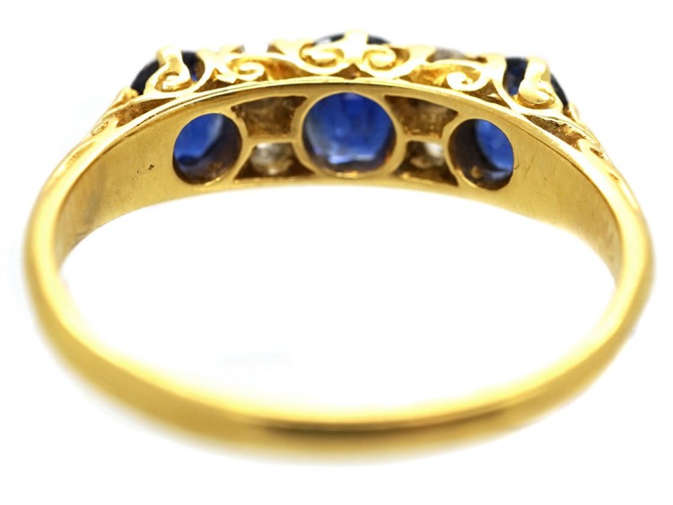 Victorian 18ct Carved Half Hoop Sapphire ​& Diamond Three Stone Ring
