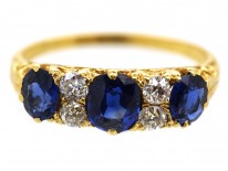 Victorian 18ct Carved Half Hoop Sapphire ​& Diamond Three Stone Ring