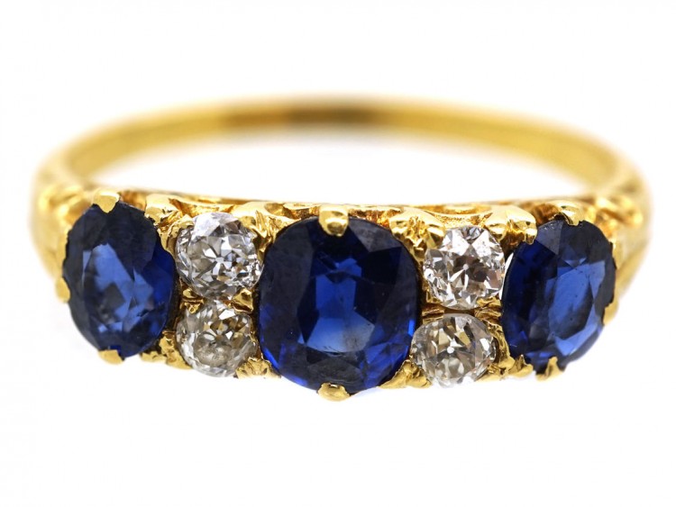 Victorian 18ct Carved Half Hoop Sapphire ​& Diamond Three Stone Ring