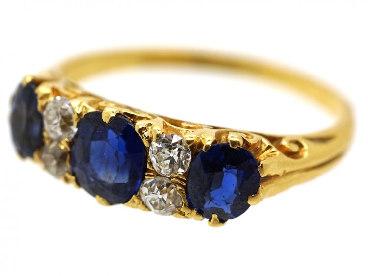 Victorian 18ct Carved Half Hoop Sapphire ​& Diamond Three Stone Ring