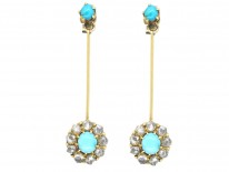Edwardian 18ct Gold, Turquoise ​& Diamond Drop Cluster Earrings