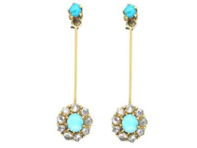 Edwardian 18ct Gold, Turquoise ​& Diamond Drop Cluster Earrings