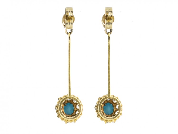 Edwardian 18ct Gold, Turquoise ​& Diamond Drop Cluster Earrings