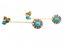 Edwardian 18ct Gold, Turquoise ​& Diamond Drop Cluster Earrings