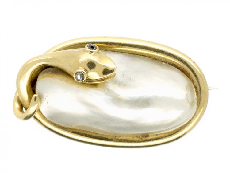Victorian 15ct Gold Coiled Snake Brooch Set With a Blister Pearl