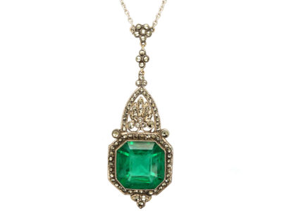Art Deco Silver, Green Paste ​& Marcasite Pendant on Chain