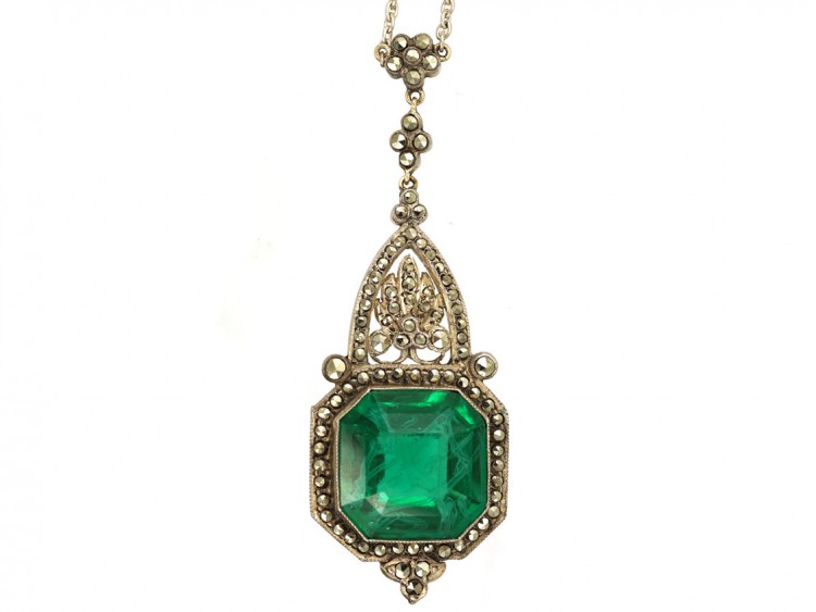 Art Deco Silver, Green Paste ​& Marcasite Pendant on Chain
