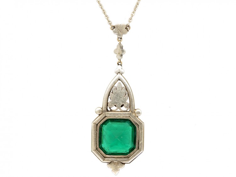 Art Deco Silver, Green Paste ​& Marcasite Pendant on Chain