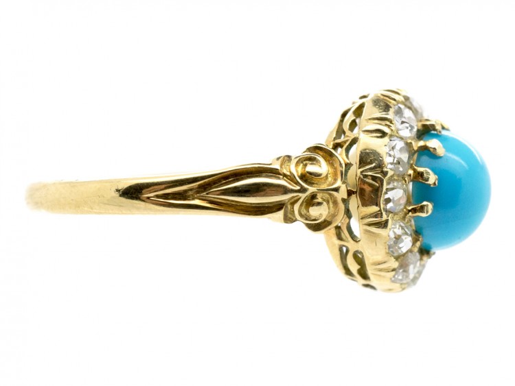 Edwardian 18ct Gold, Turquoise ​& Diamond Cluster Ring