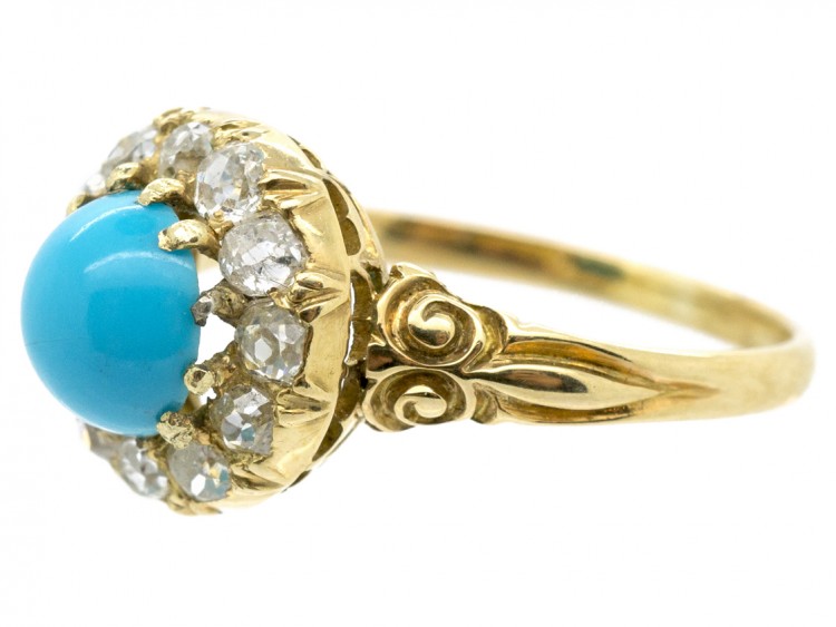 Edwardian 18ct Gold, Turquoise ​& Diamond Cluster Ring