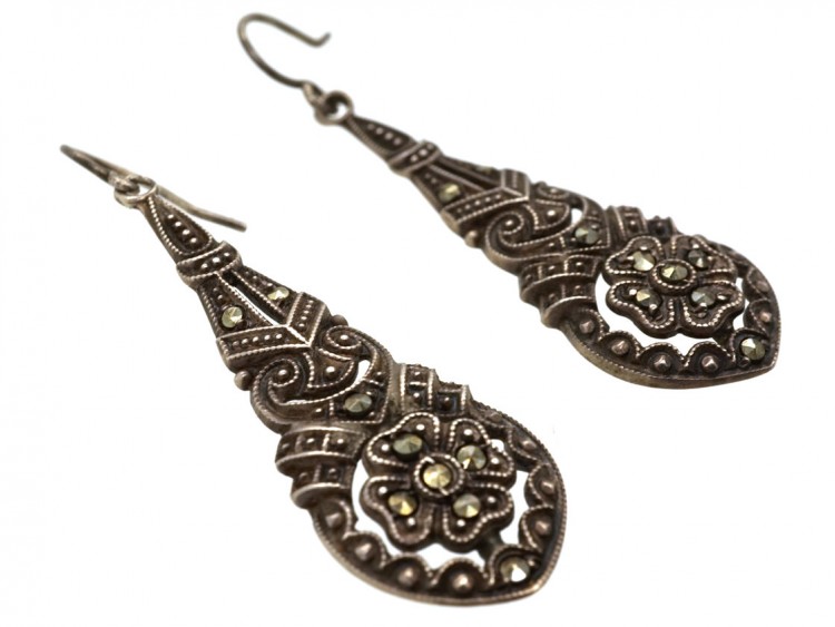 Art Deco Silver ​& Marcasite Drop Earrings
