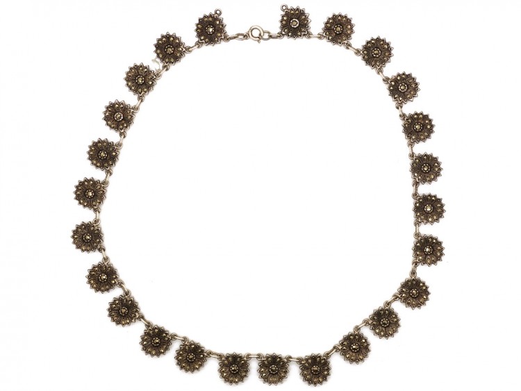 Silver ​& Marcasite Flower Motif Necklace