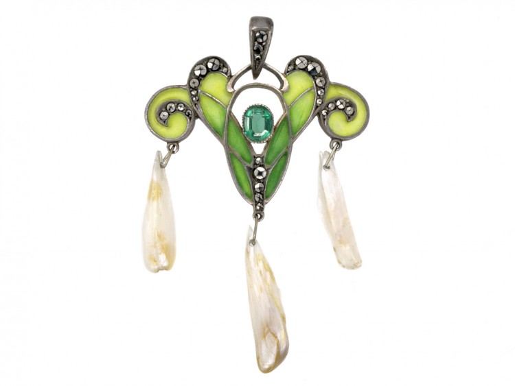 Art Nouveau Silver, Mississippi Pearl ​& Marcasite Plique-à-Jour Pendant