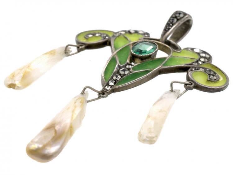 Art Nouveau Silver, Mississippi Pearl ​& Marcasite Plique-à-Jour Pendant