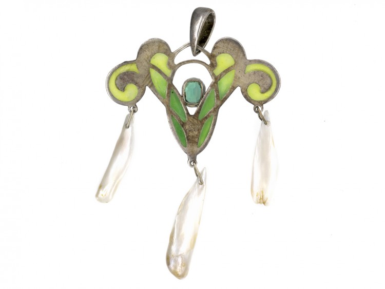 Art Nouveau Silver, Mississippi Pearl ​& Marcasite Plique-à-Jour Pendant