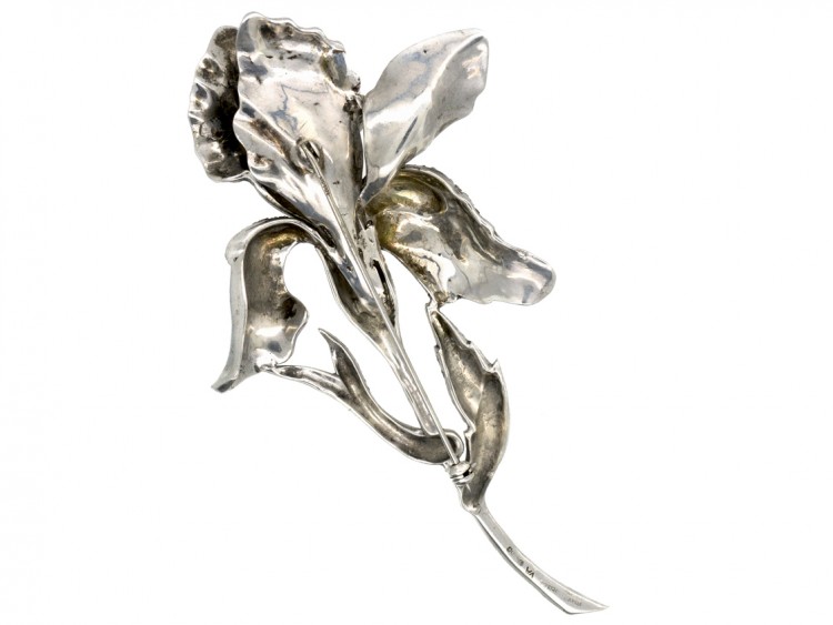 Large Mid-Century Silver ​& Marcasite Orchid Brooch