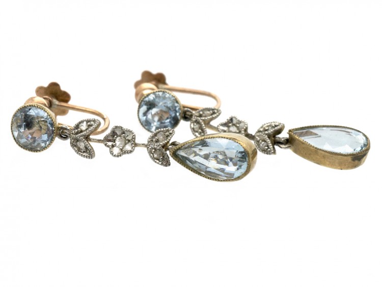 Edwardian Aquamarine ​& Rose Diamond Drop Earrings