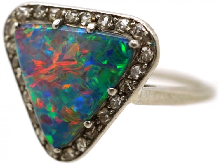Art Deco Opal Doublet ​& Rose Diamond Triangular Shaped Ring