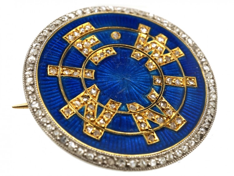Edwardian 18ct Gold, Blue Enamel & Diamonds Winnie Brooch