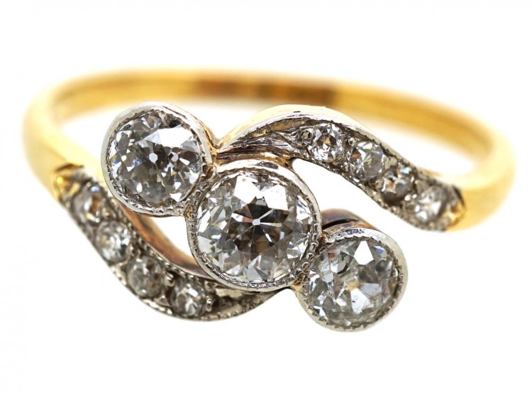 Edwardian 18ct Gold & Platinum, Three Stone Diamond Crossover Ring