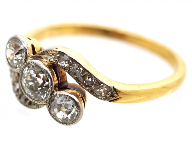 Edwardian 18ct Gold & Platinum, Three Stone Diamond Crossover Ring