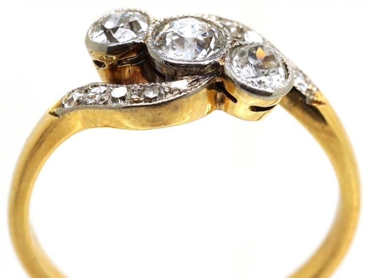 Edwardian 18ct Gold & Platinum, Three Stone Diamond Crossover Ring