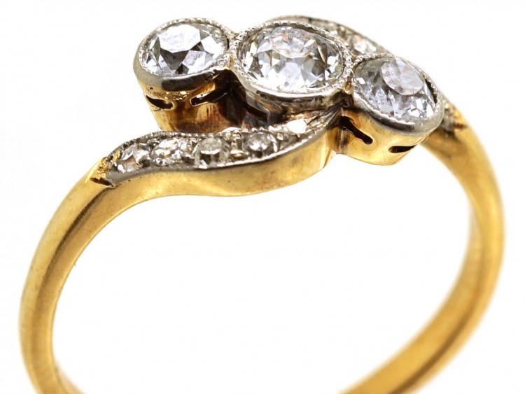 Edwardian 18ct Gold & Platinum, Three Stone Diamond Crossover Ring