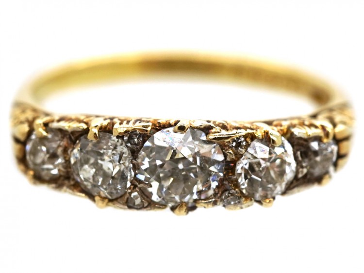 Victorian 18ct Gold Five Stone Diamond Carved Half Hoop Ring