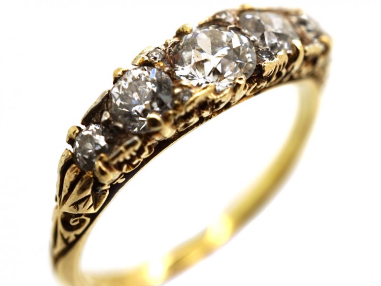 Victorian 18ct Gold Five Stone Diamond Carved Half Hoop Ring