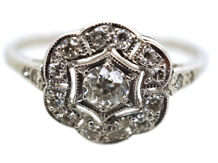 18ct White Gold Diamond Six Petal Cluster Ring