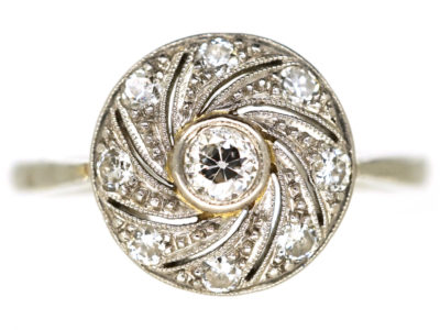 Art Deco 18ct Gold & Platinum Catherine Wheel Design Diamond Set Ring