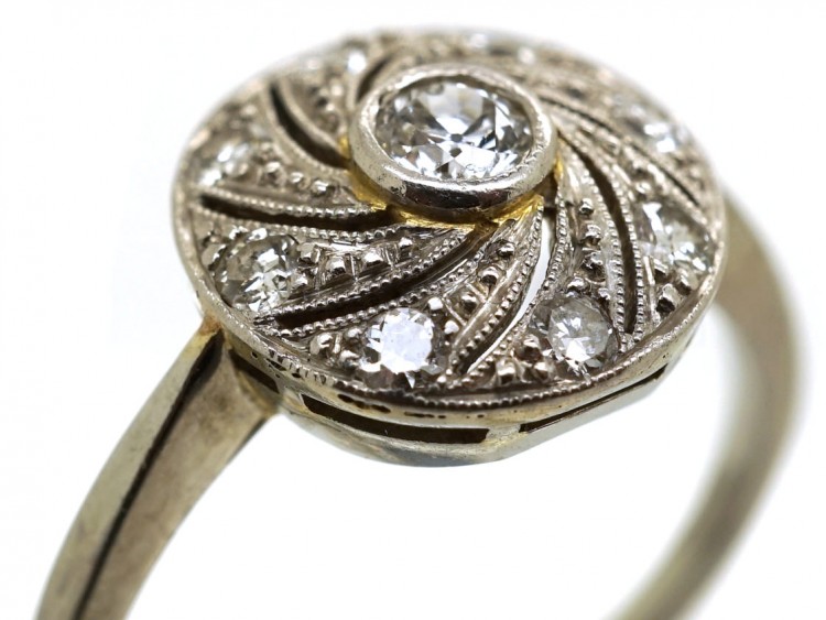 Art Deco 18ct Gold & Platinum Catherine Wheel Design Diamond Set Ring