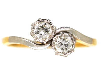 Edwardian 18ct Gold & Platinum, Two Stone Diamond Crossover Ring