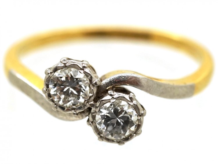 Edwardian 18ct Gold & Platinum, Two Stone Diamond Crossover Ring